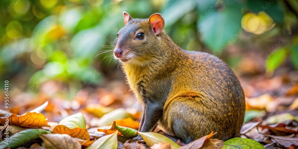 A Close-Up Of A Brown-Haired Agouti Sitting On A Pile Of Leaves In A Forest A Close-Up Of A Brown-Haired Agouti Sitting On A Pile Of Leaves In A Forest