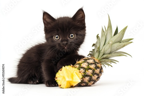 Pinapples. Black Cat with Cute Kittens and Pet Animals in White Isolated Background photo