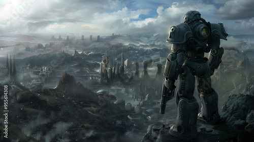 A battle-worn mech suit standing on the edge of a cliff overlooking a sprawling, dystopian metropolis.