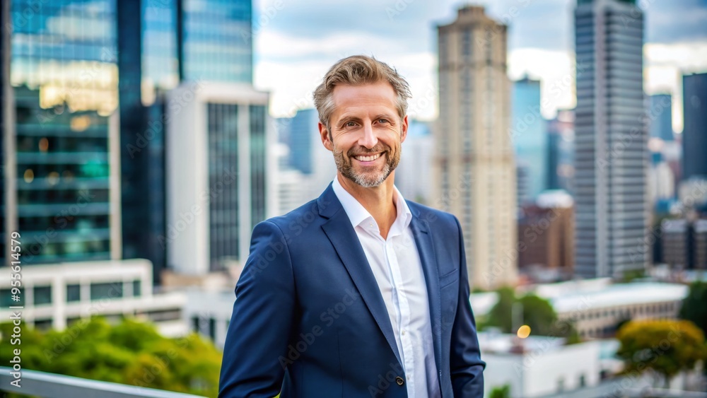 A confident businessman in his 40s with a friendly smile, dressed in a crisp white shirt and navy A confident businessman in his 40s with a friendly smile, dressed in a crisp white shirt and navy