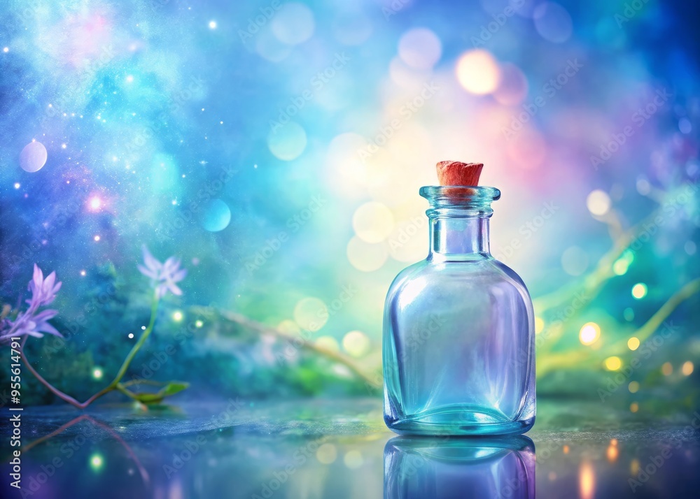 A delicate, transparent glass bottle stands amidst a whimsical watercolor background featuring soft, blended hues of A delicate, transparent glass bottle stands amidst a whimsical watercolor background featuring soft, blended hues of