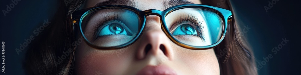 Women With Glasses. Close-Up Portrait of Woman Looking Up with Vision in Mind Women With Glasses. Close-Up Portrait of Woman Looking Up with Vision in Mind