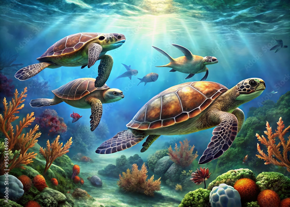 Obraz premium A Digital Graphic Depicting A Group Of Turtles Swimming Underwater, With Sea Plants And Coral In The Background.