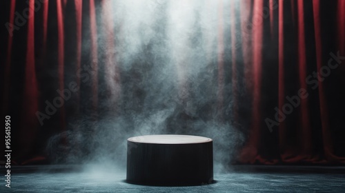 An empty stage spotlighted with red curtains in the background and smoke emanating, capturing the anticipation and drama of a performance about to begin. photo