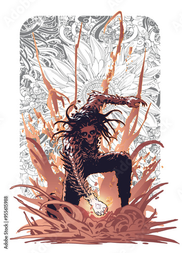 A graphic depiction of a superhero or antihero in a powerful landing pose, captured in a dynamic comic book style.
