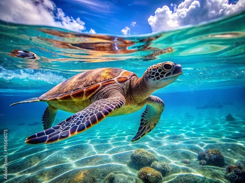 A Majestic Sea Turtle Swims Leisurely Through Crystal-Clear Waters, Its Slow Pace Reflecting The Serenity Of Its photo