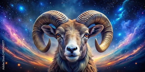 A majestic ram's head rises from a vibrant constellation of stars, symbolizing strength, courage, and determination