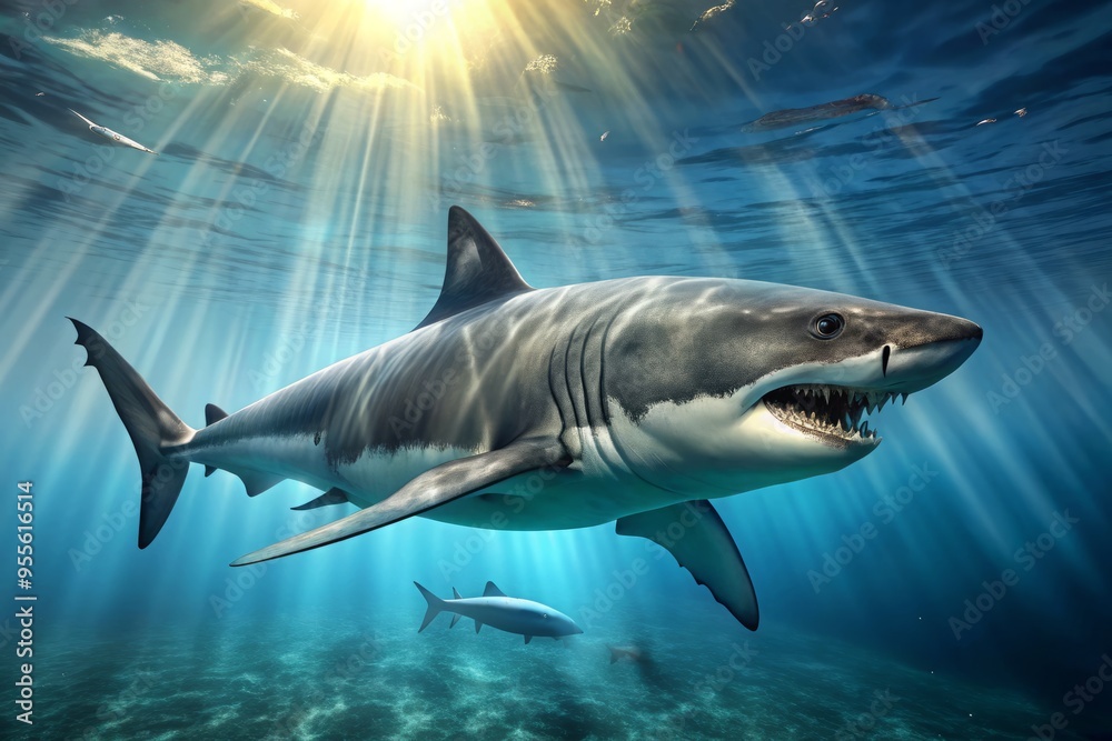 Fototapeta premium An Ancient, Prehistoric Megalodon Shark Swimming In The Ocean, Evoking Awe And Wonder At Its Sheer Size And