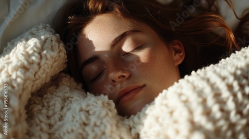 This image portrays a person wrapped in a cozy knitted blanket, resting comfortably, illustrating the warmth and comfort of a peaceful lounging or sleep time setting.