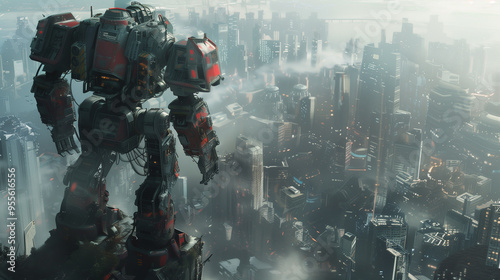 A battle-worn mech suit standing on the edge of a cliff overlooking a sprawling, dystopian metropolis.