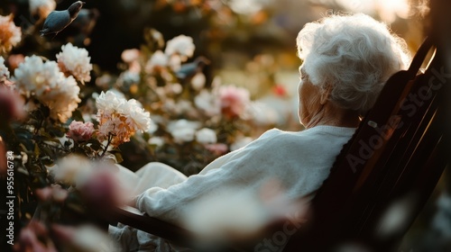 An elderly woman sits relaxed in her garden chair amid blooming flowers and fluttering birds, a scene that conveys peace, nature's beauty, and reflective contentment.