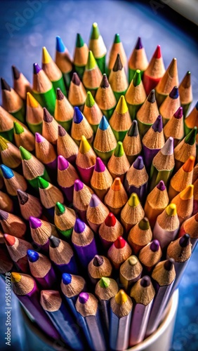 A colorful arrangement of sharpened colored pencils in a standard scale display. Generative AI photo