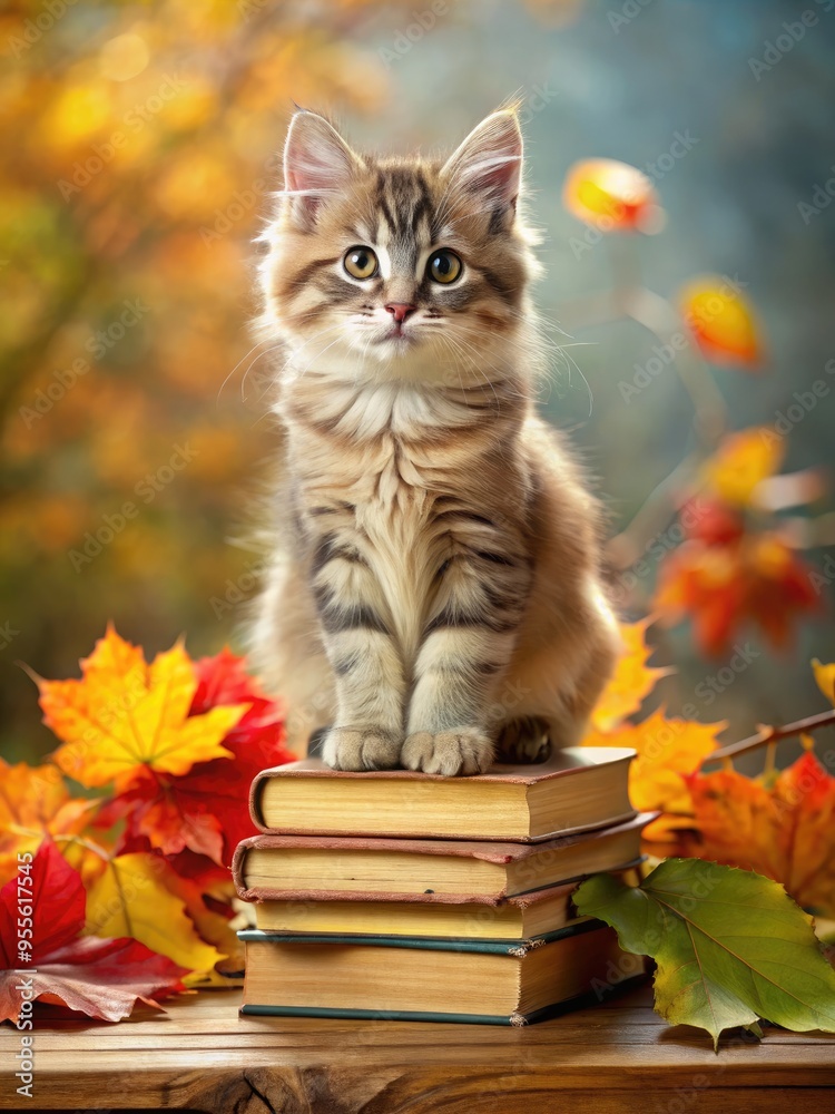 Cute fluffy kitten perched on books surrounded by autumn leaves in soft light. Generative AI Cute fluffy kitten perched on books surrounded by autumn leaves in soft light. Generative AI
