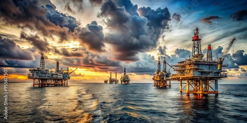 A Series Of Oil Rigs Platform On The Water With A Cloudy Sky In The Background.