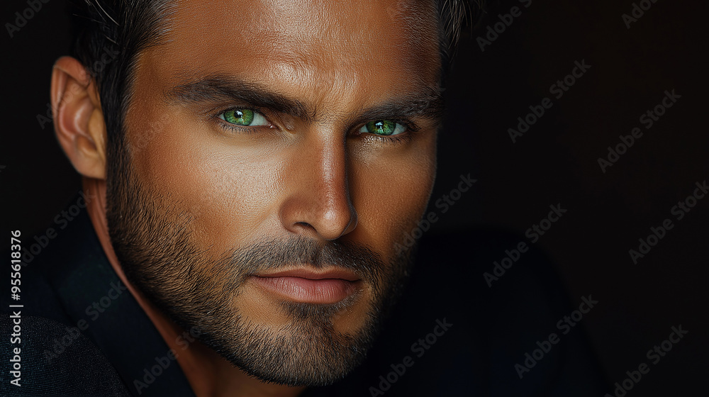 Handsome male model with green eyes posing on black background Handsome male model with green eyes posing on black background