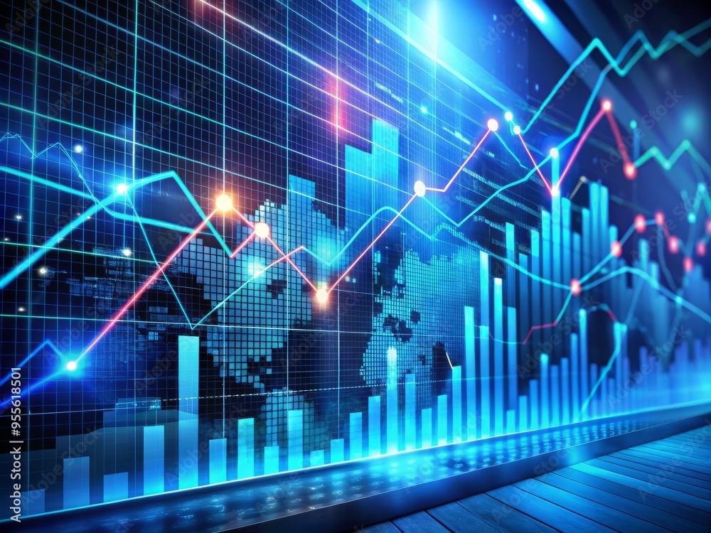 A vibrant, futuristic digital graph displays fluctuating market trends and stock prices on a sleek, high-tech interface A vibrant, futuristic digital graph displays fluctuating market trends and stock prices on a sleek, high-tech interface
