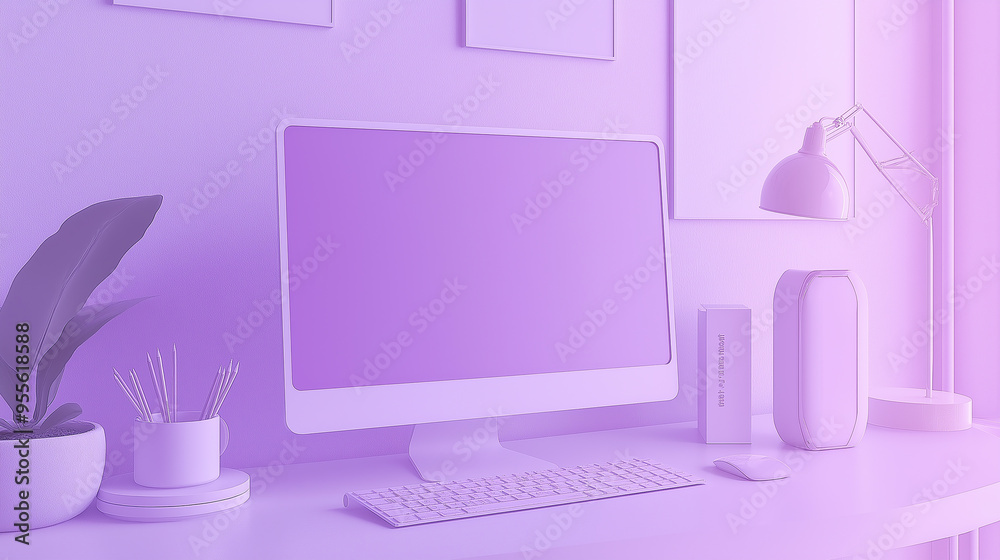 Minimalistic home office setup with computer showing pastel purple colors Minimalistic home office setup with computer showing pastel purple colors
