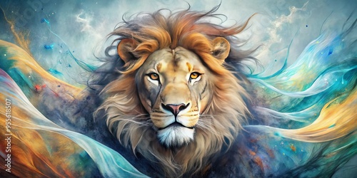 A vibrant, expressive illustration of a regal lion's face emerges from a swirling cloud of graphite lines and