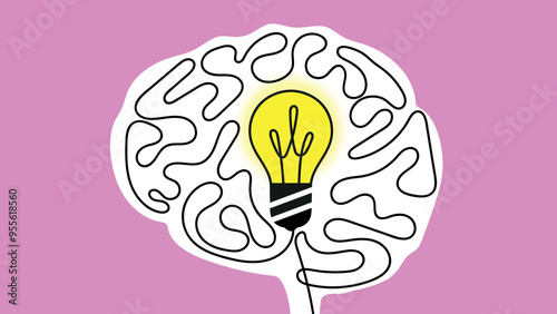 Illustration of getting an idea in your brain. Wavy lines representing a brain with a light bulb inside on a pink background in a shape of brain. Business concept of thinking, discovering and creating