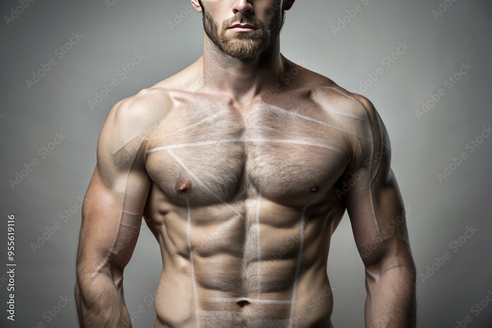 Bare Torso Of Male Body With Outline Sketch On Translucent Paper Taped To Skin And Graphite Pencil Bare Torso Of Male Body With Outline Sketch On Translucent Paper Taped To Skin And Graphite Pencil