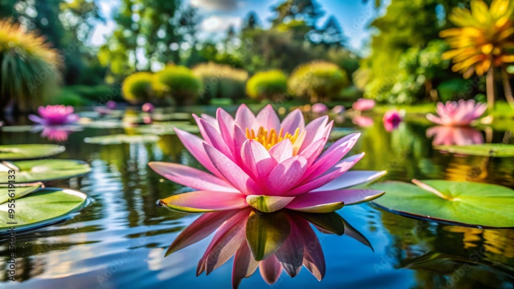 Beautiful Water Lily Blooming Over Still Pond In Springtime Garden With Blurred Lily Pads Background Beautiful Water Lily Blooming Over Still Pond In Springtime Garden With Blurred Lily Pads Background