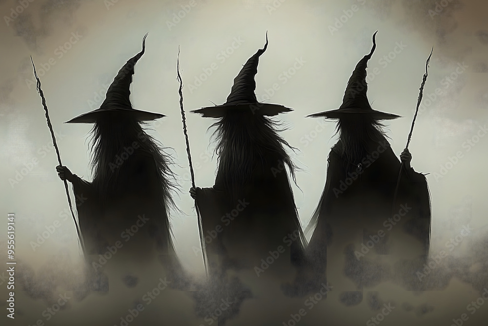 Obraz premium Siluetas de tres brujas con sombreros puntiagudos en un ambiente oscuro