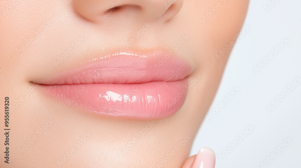 Woman showing perfect smooth skin after applying lip balm Woman showing perfect smooth skin after applying lip balm