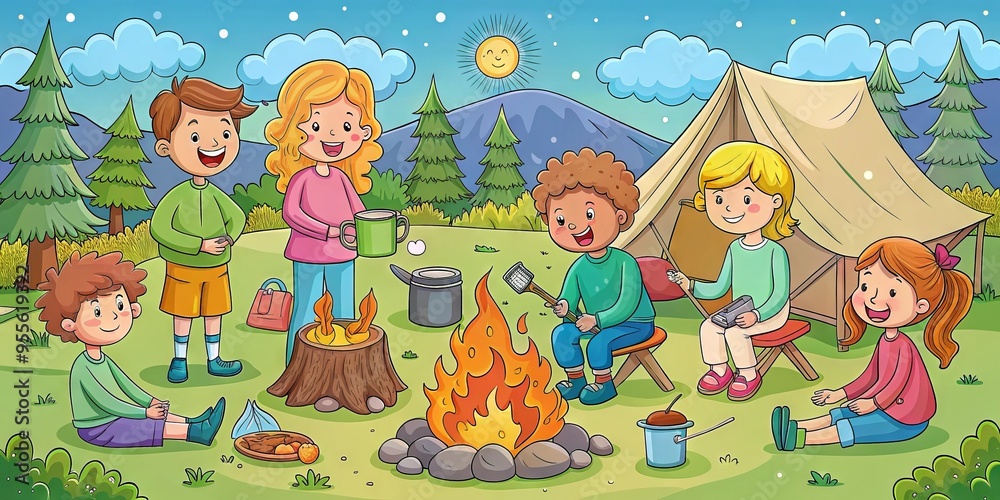 Campers Gather Around A Campfire To Color And Create A Fun Camping Scene On A Coloring Page.