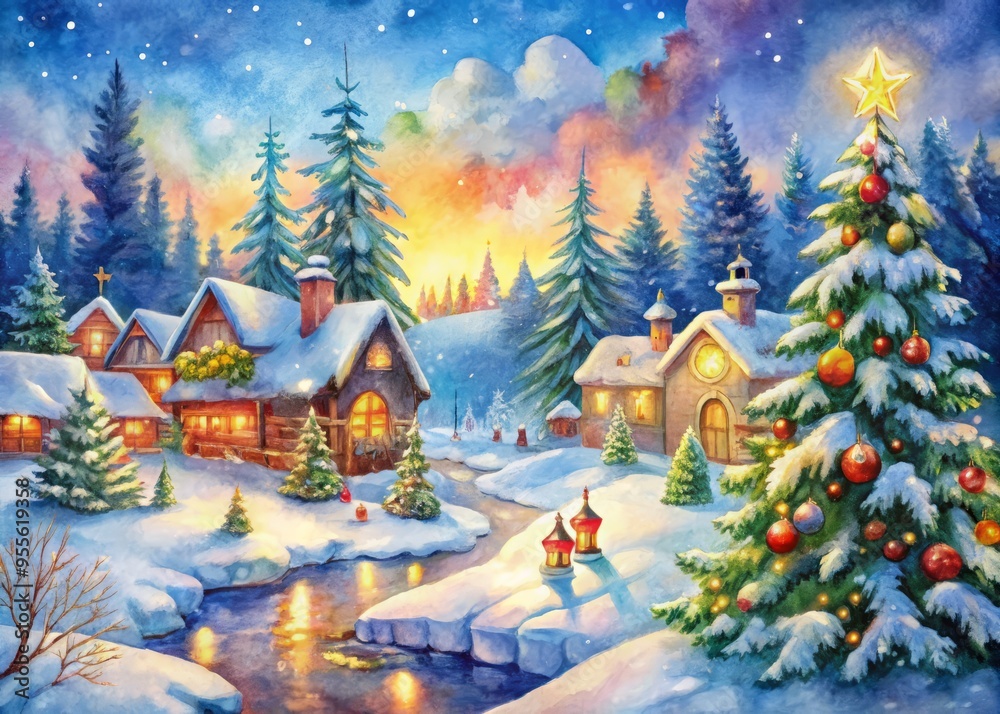Captivating Watercolor Painting Depicting A Winter Wonderland With Festive Christmas Elements In Vibrant Hues. Captivating Watercolor Painting Depicting A Winter Wonderland With Festive Christmas Elements In Vibrant Hues.