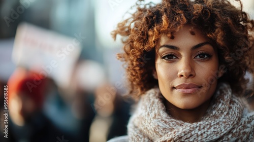 A woman with curly hair and knit scarf stands in an outdoor urban setting, looking confident and peaceful. The bustling city life in the background adds a dynamic contrast.