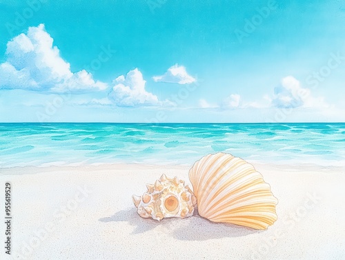 A serene beach scene with seashells on soft sand, vibrant turquoise ocean, and fluffy clouds under a bright blue sky.