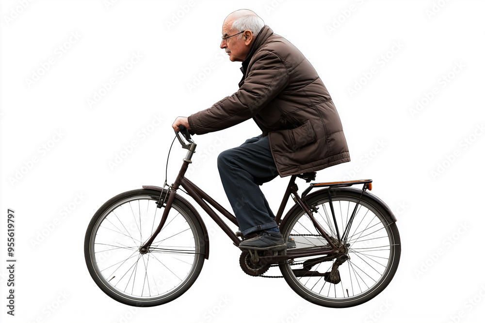 Senior man riding a bicycle on white background Senior man riding a bicycle on white background