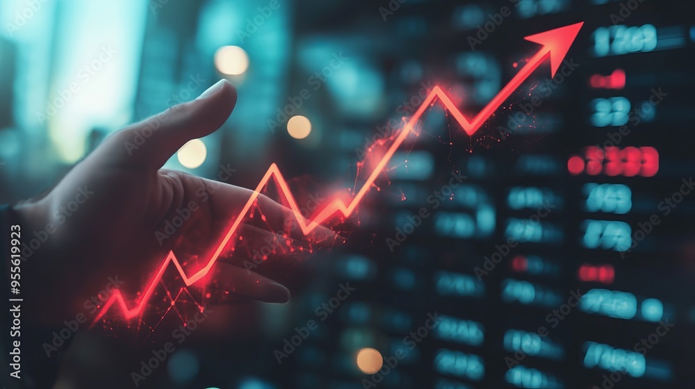 Close up businessman hand holding red arrow graph. stock market growth concept Close up businessman hand holding red arrow graph. stock market growth concept