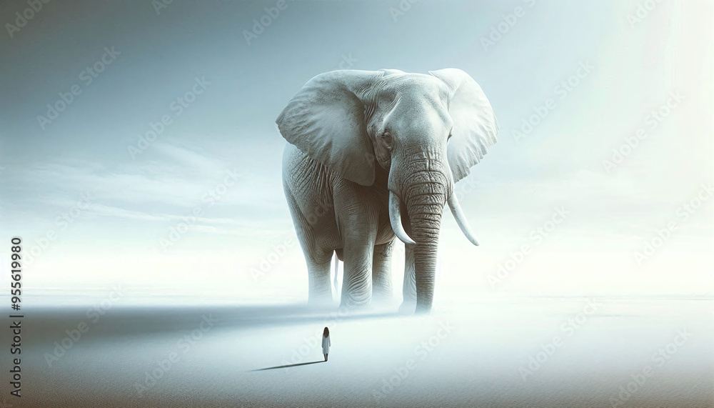 Obraz premium Elephant and Human on Reflective Surface