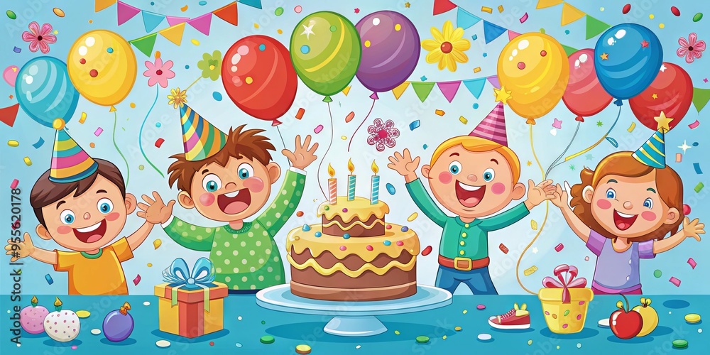 Fototapeta premium Colorful cartoon illustration of a joyful birthday scene with balloons, confetti, and a big cake, surrounded by playful