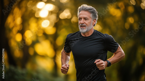 Senior man running in forest wearing smart watch enjoying sunset