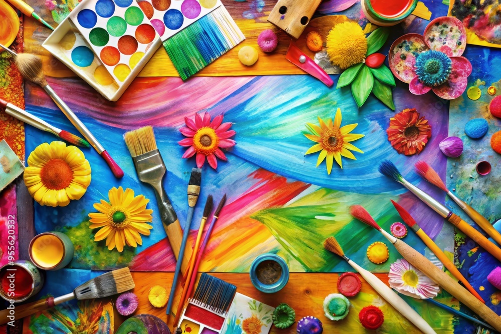 Obraz premium Colorful mixed-media collage featuring vibrant paintbrush strokes, abstract shapes, and whimsical illustrations,