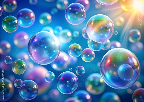 Colorful iridescent soap bubbles containing smaller bubbles in alphabetical letters and shapes float gently upwards