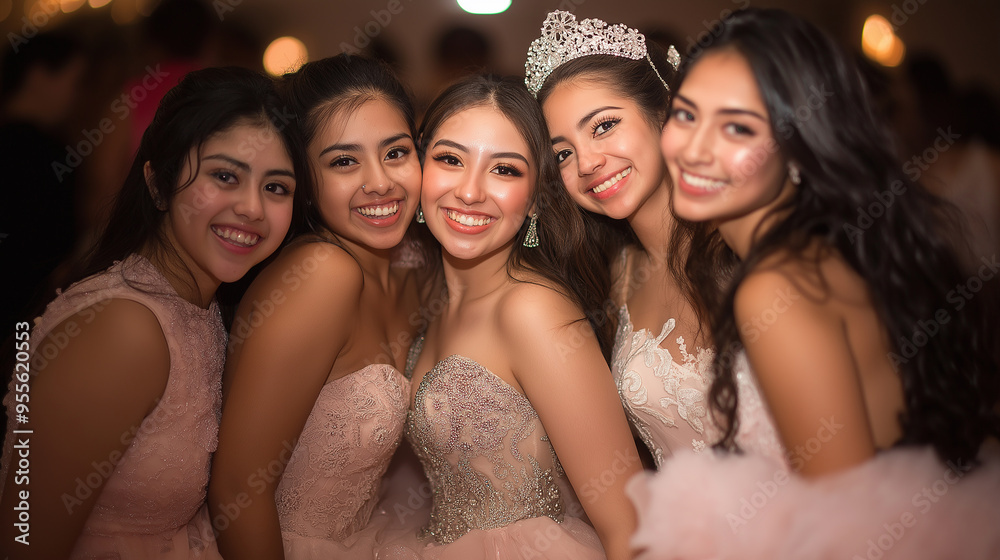 Obraz premium Group of hispanic girls smiling in formal dresses