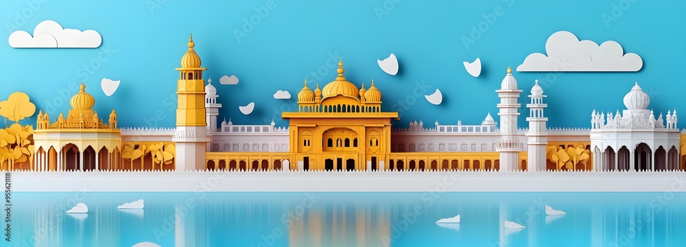 39. **Illustrate a 3D paper cut of the Golden Temple in Amritsar, featuring its ornate architecture and space in the sky for text.** 39. **Illustrate a 3D paper cut of the Golden Temple in Amritsar, featuring its ornate architecture and space in the sky for text.**