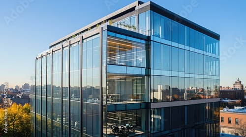 Modern Glass Office Building with City Skyline Reflections