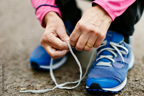 Senior man tying shoelaces on running shoes