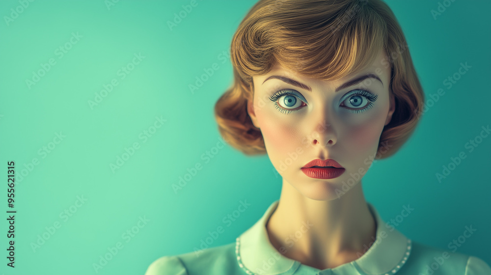 A photo portrait of an artificial and immaculate retro vintage style housewife looking directly into camera with a blank expression. Turquoise background. Landscape wide 16:9 with copy space. A photo portrait of an artificial and immaculate retro vintage style housewife looking directly into camera with a blank expression. Turquoise background. Landscape wide 16:9 with copy space.