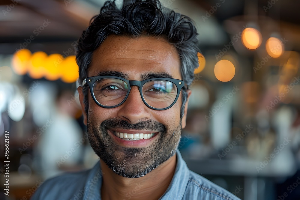 Joyful Man with Glasses Smiling in a Lively Café Setting Joyful Man with Glasses Smiling in a Lively Café Setting