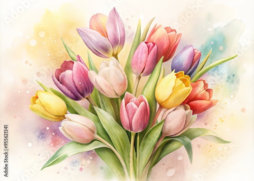 Delicate, dreamy watercolor illustration of a vibrant tulip bouquet in soft pastel hues, set against a creamy white