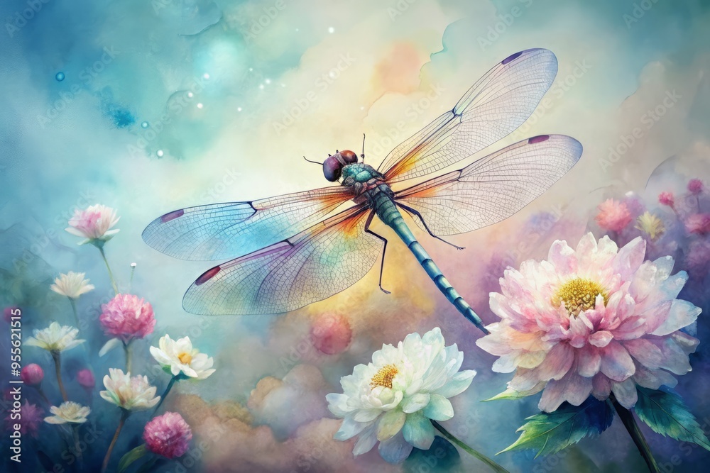 Delicate, dreamy watercolor painting of a dragonfly perched on a blooming flower, surrounded by soft, gradient hues and Delicate, dreamy watercolor painting of a dragonfly perched on a blooming flower, surrounded by soft, gradient hues and