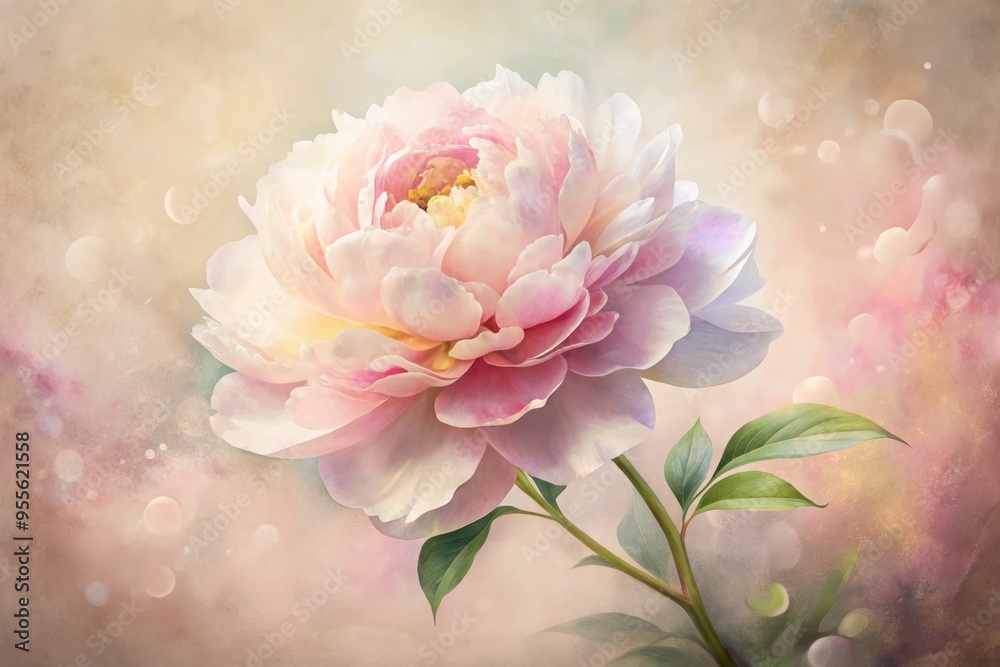 Delicate, dreamy watercolor painting of a blooming peony flower, with soft, blended petals in shades of pink and