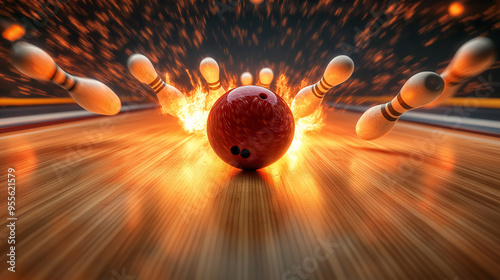 Bowling ball crashing into pins with fire and sparks on bowling alley photo