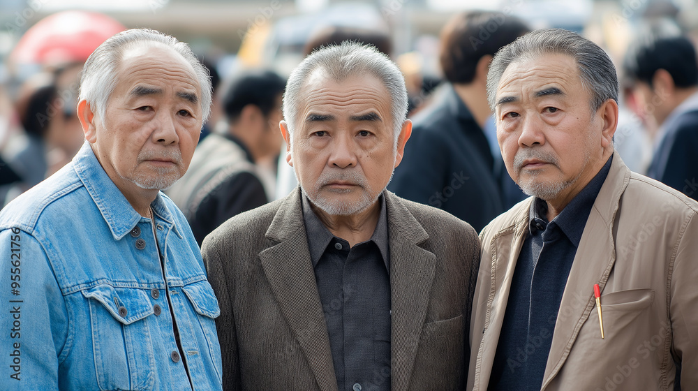 Three senior asian men posing together in a crowd Three senior asian men posing together in a crowd