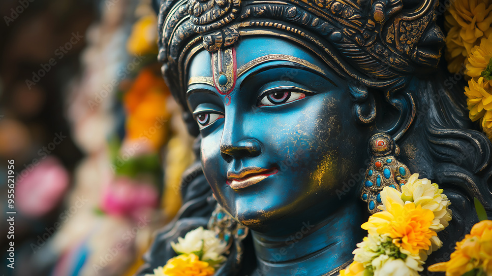 Fototapeta premium Blue painted statue of hindu god krishna with flower garlands